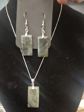Labradorite Rectangular Pendant Necklace and Earrings Set - Sterling Silver